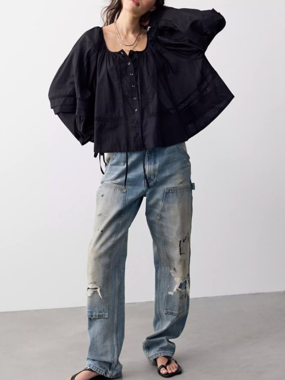 Free People We The Free La Lune Blouse Tofu Cream Black Noir Medium